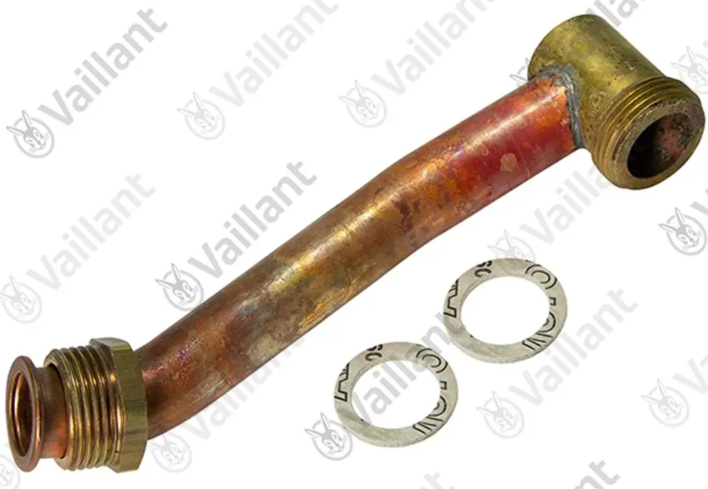 Vaillant Rohr für Brennerkühlung, gebogen mit Außengewinde auf beiden Seiten. Zwei Dichtscheiben liegen daneben.